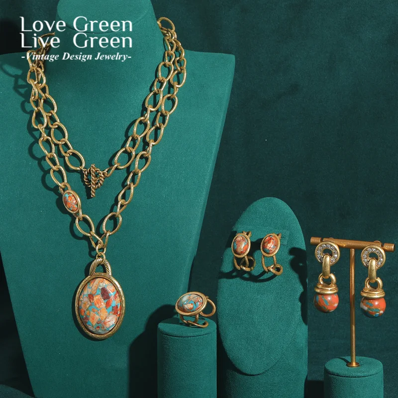 

Vintage Jewelry Set Oval Natural Stone Nautical Map Designers Pendants And Necklaces Earrings Antique Gold Color Women Ring 2025