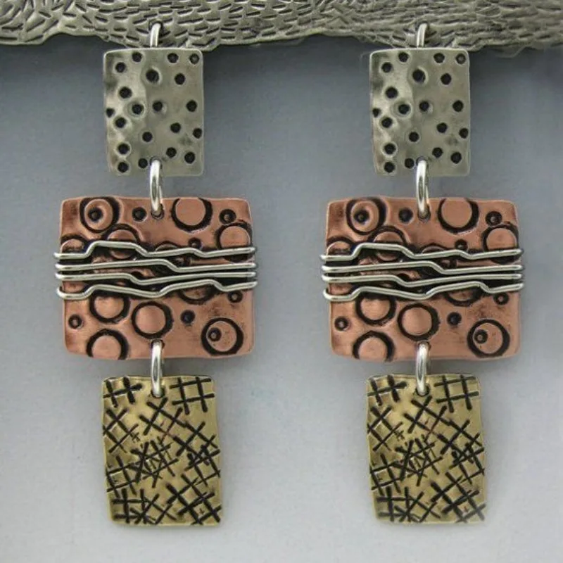 Vintage Hand Carved Geometry Pattern Dangle Women's Earrings Three Color Metal Daily Wear Party Jewelry Anniversary Gift