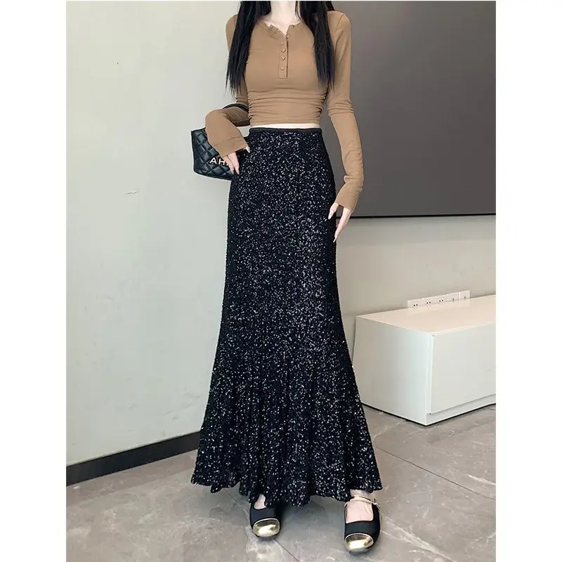 New Heavy Industry Sequined Fishtail Skirt High Waist Slimming Long Skirt Super Long Shiny Crystal Maillard French New Fashio...