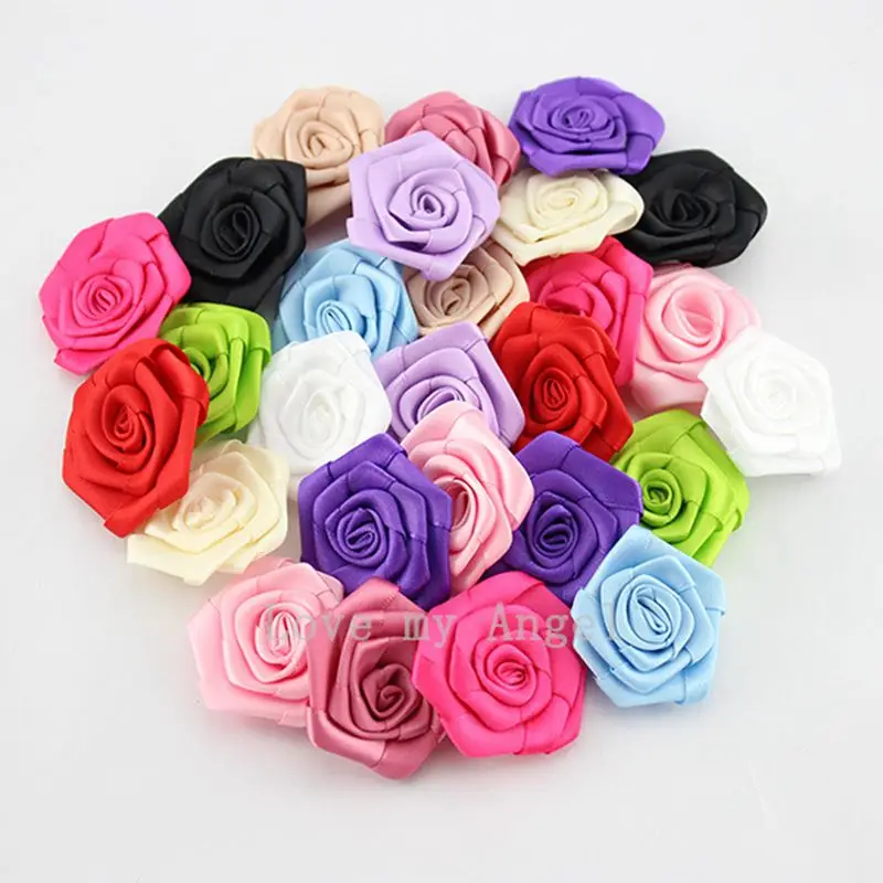 

50pcs/lot 1.9" 12colors Mini Satin Ribbon Rose Flowers For Girls Hair Accessories Artificial Fabric Flowers For Kids Headbands