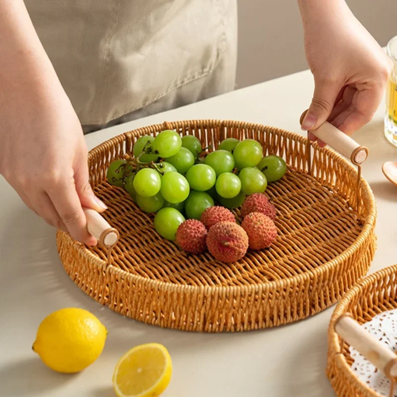 Plastic Vine Woven Fruit Tray Woven Fruit Basket Living Room Nut Tray Restaurant Circular Bread Food Storage Box