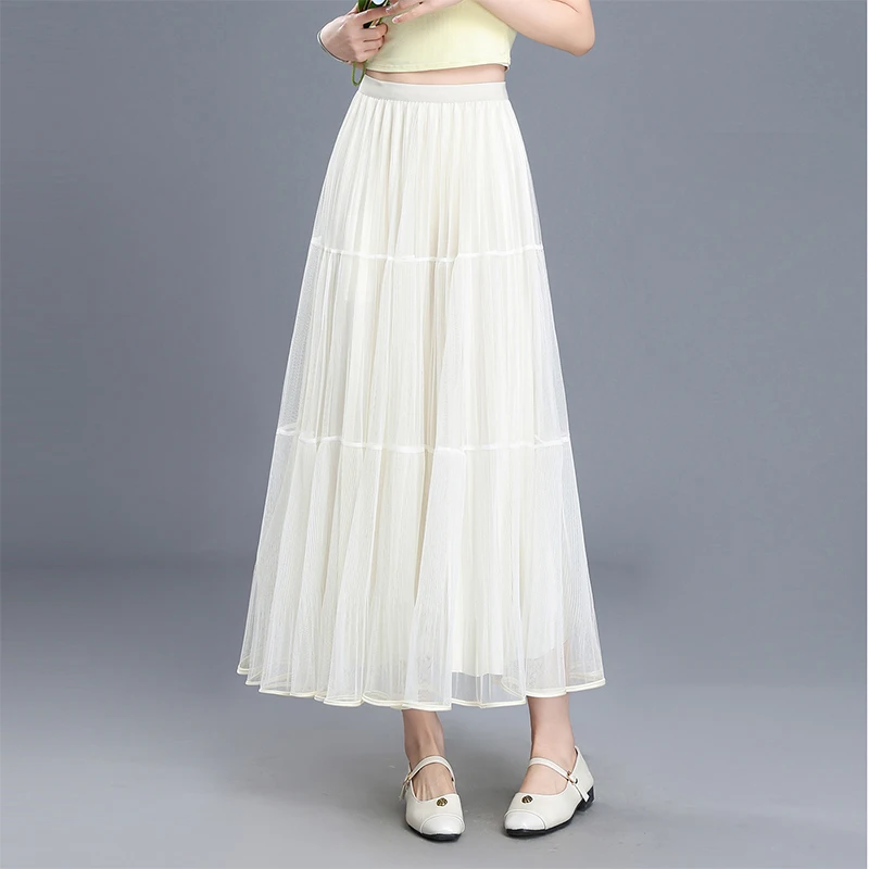 ZUZK Lady Tulle Skirt Elegance Pleated Skirt Summer Women New Korean Style Elastic Waist Fairy Skirt Faldas Elegantes