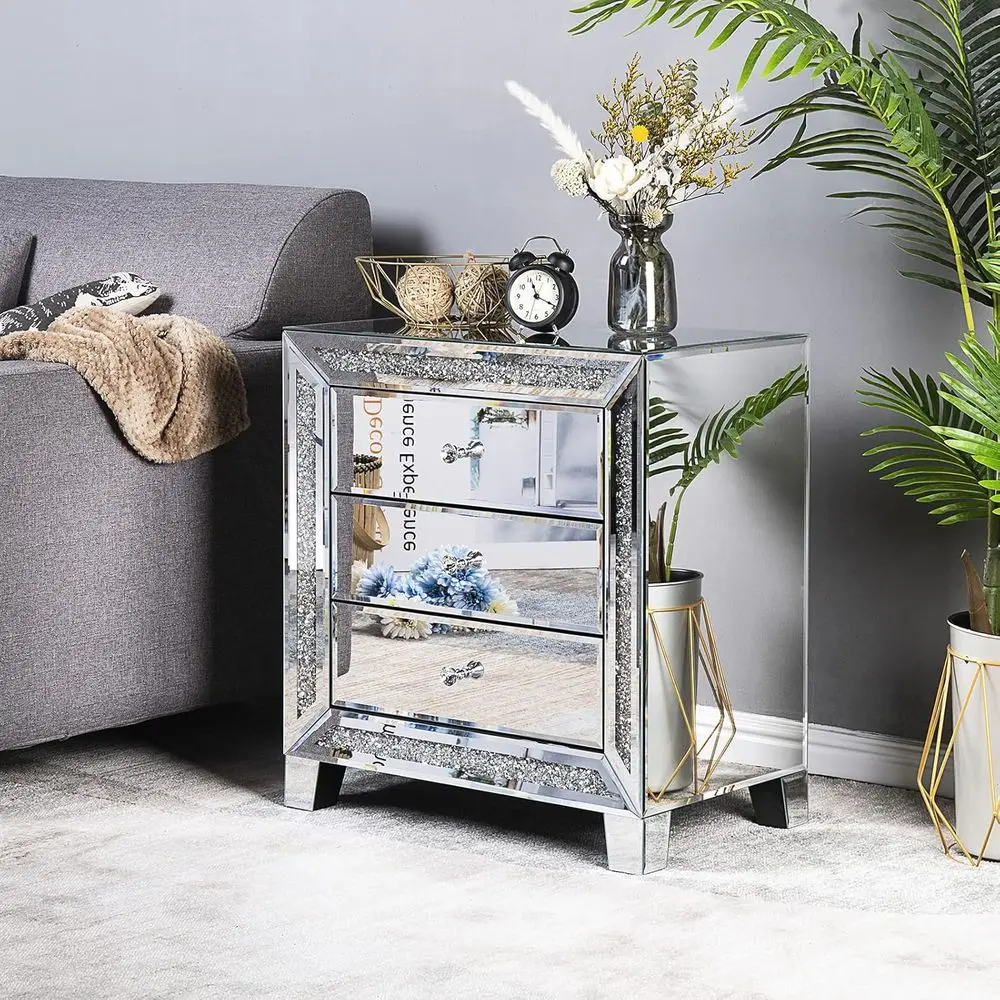 

Glamorous Silver Mirrored Nightstand with Glass Top and Storage for Bedroom