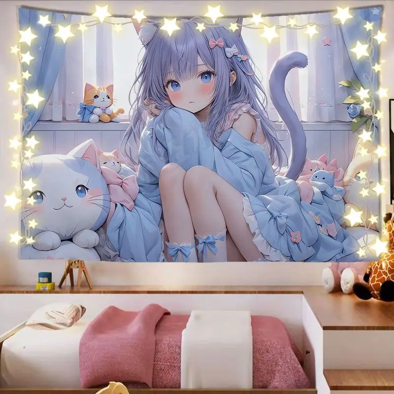 VIKAMA Blue Hair Cat Ear Girl Tapestry Wall Hanging Home Decor for Bedroom Living Room Dorm anime Luoli Cat Doll Window Warm