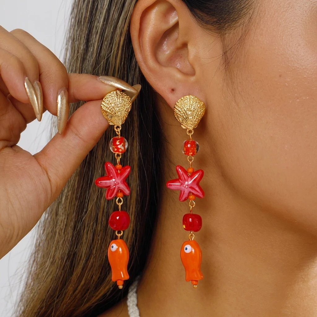 Bunte Keramik-Fisch-Ohrhänger für Damen, Bohemian Seestern-Muschel-Perlen-Anhänger-Ohrringe, Strandurlaub-Schmuck-Accessoires – Detail 1