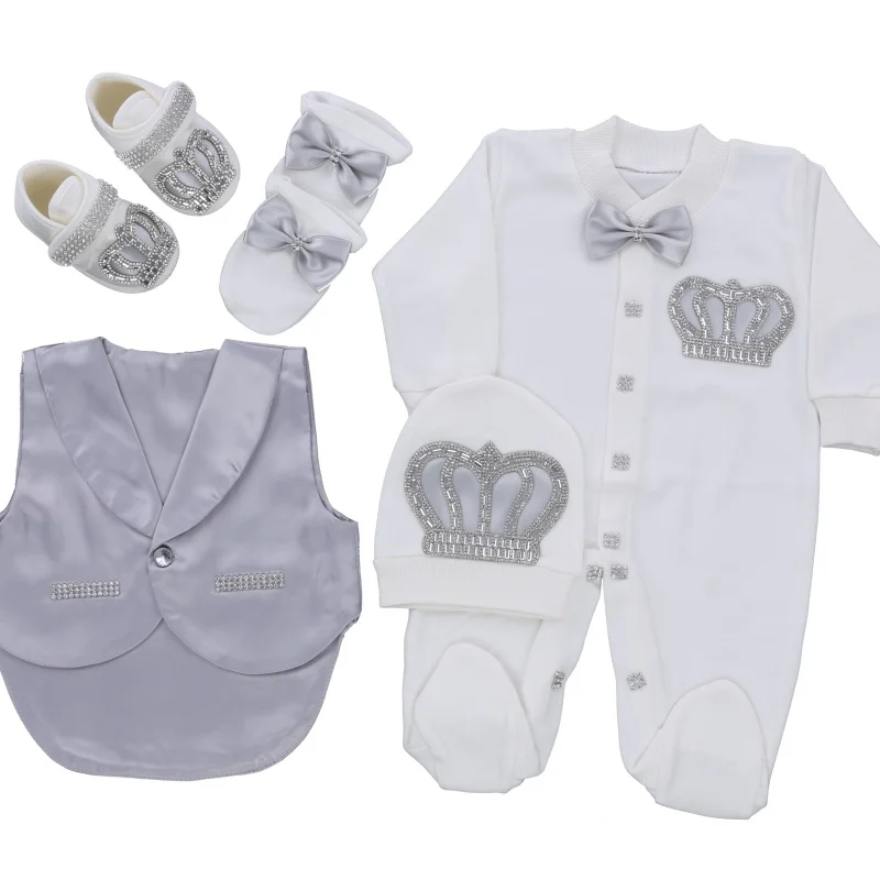 luxury-gentleman-prince-baby-romper-0-9-months-5pcs-pure-white-dusty-gray-satin-vest-bow-rhinestone-crown-boutique-gift