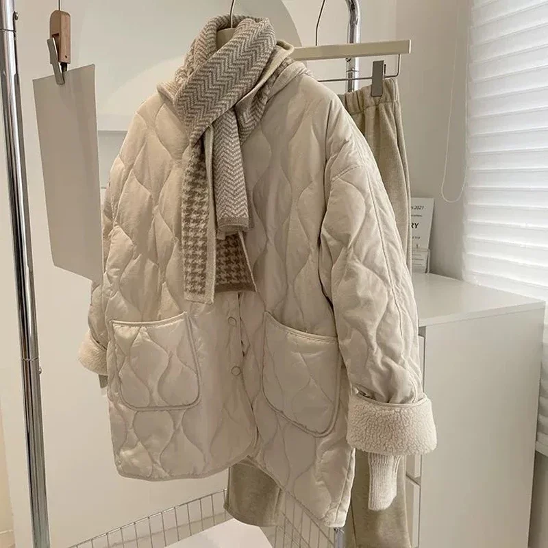 WEEF Lamb Wool Patchwork Down Jacket Cotton-padded Clothes Women 2024 Winter Korean Sle Loose Rhombus Lightweight Warm Cotton