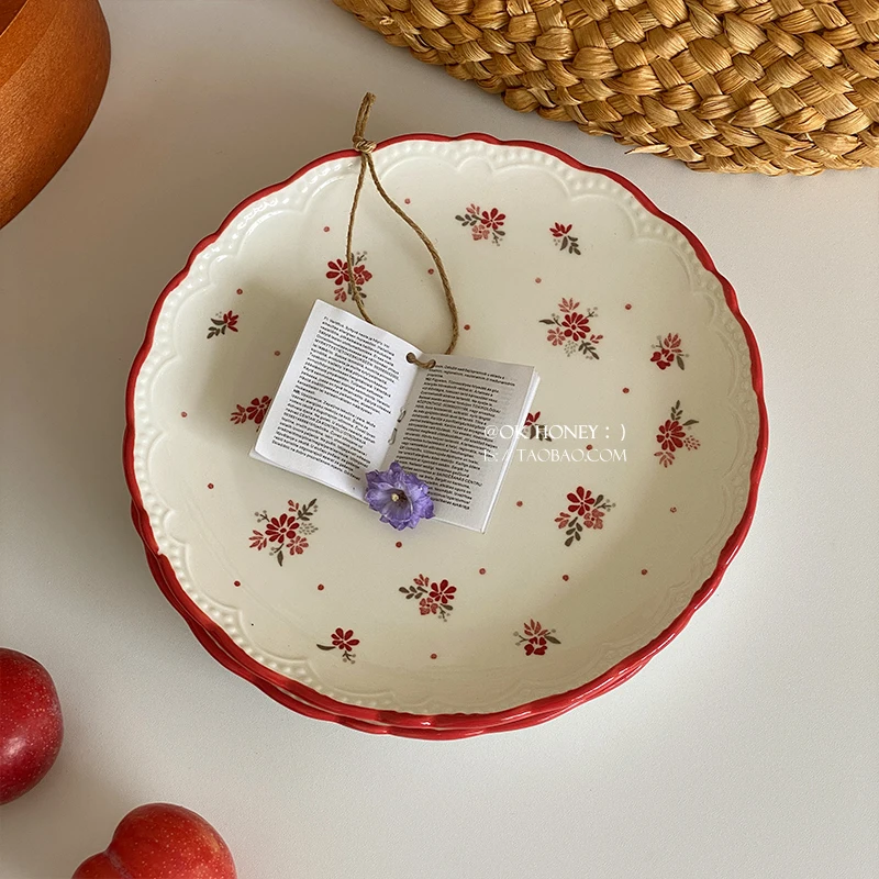 

Ins Ceramic Tableware Korean Style Household Creative Floral Patterns Dining Plates Patchwork Large Capacity Dessert Plate