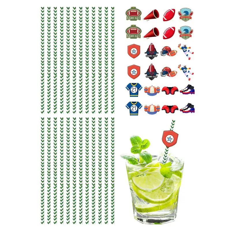 Cocktail Straws For Drinks 24pcs Football Theme Parties Straws With Flag Decorations Food-Grade Drink Straws For Birthday