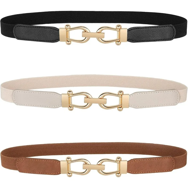 3Pack Women Skinny Elastic Belt for DressesThin Retro Stretch Waist Belt with Golden Buckle