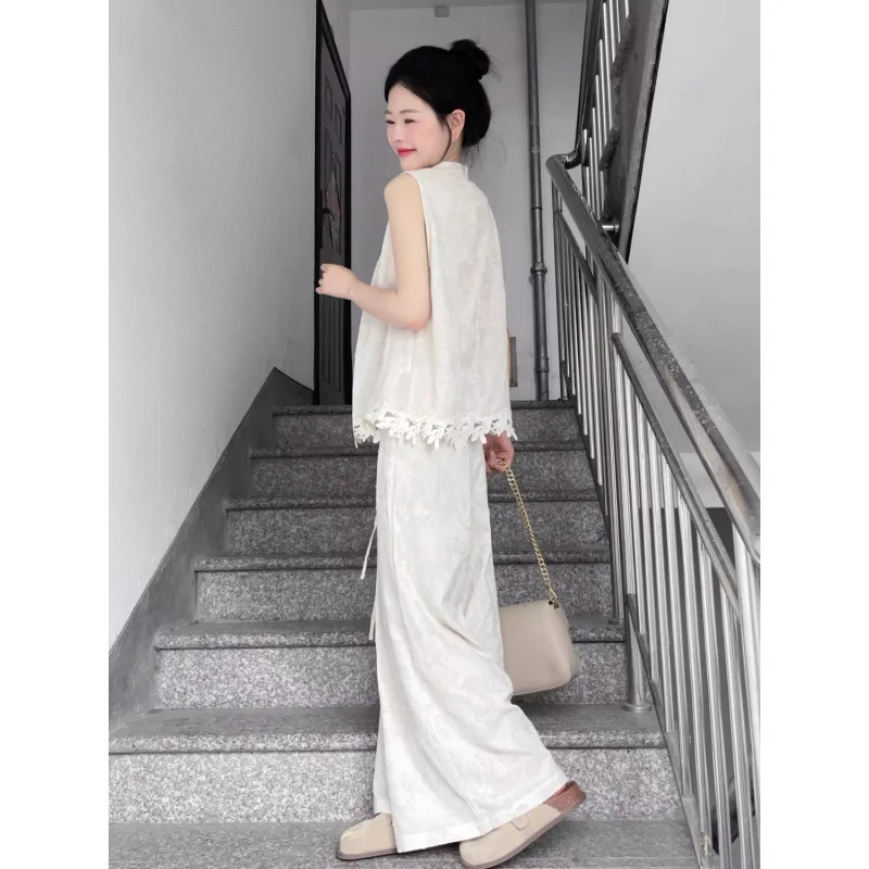 

New Chinese style casual set women in summer new retro versatile thin vest top+high waist wide leg pants solid color set