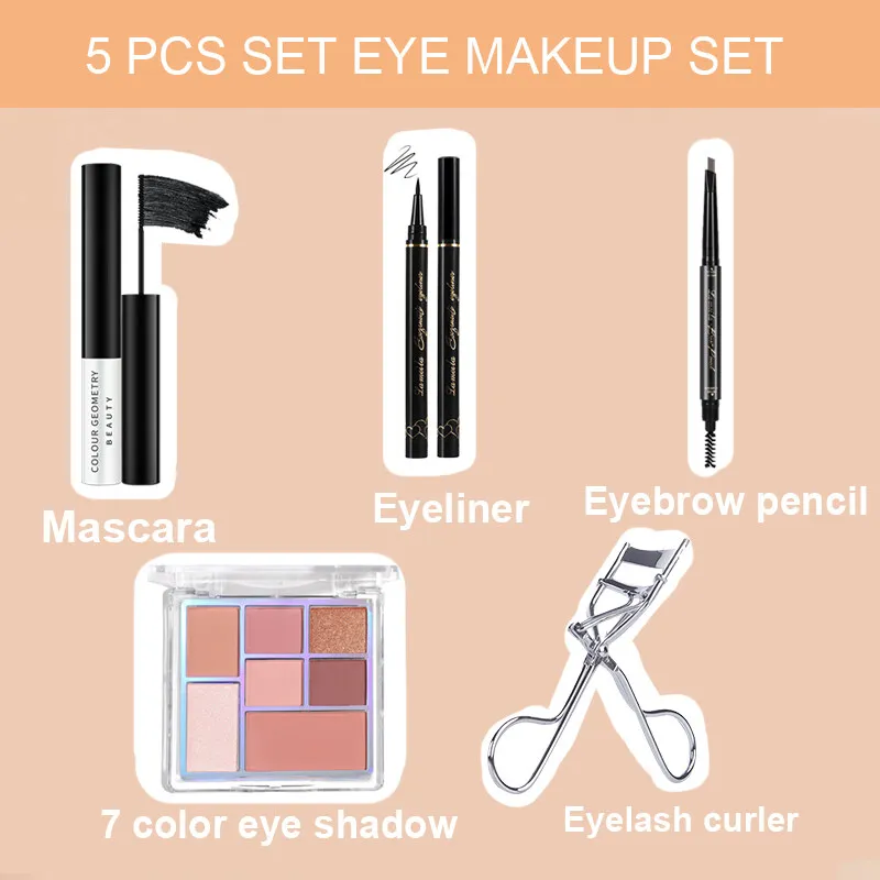 Lameila 5-piece Eye Makeup Set Eyeshadow Eyebrow Pencil Eyeliner Mascara Eyelash curler Waterproof Long-Lasting Sun Protection