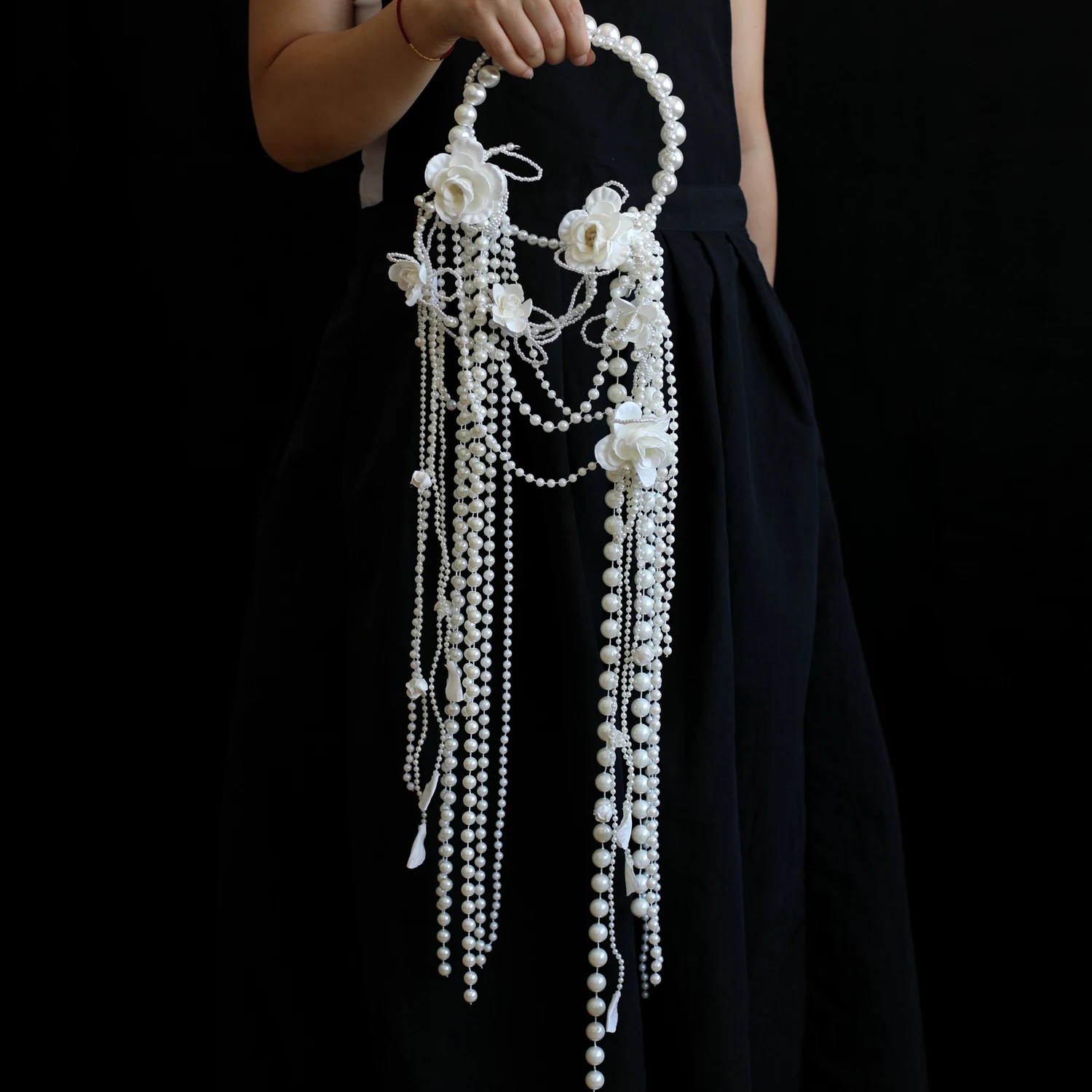 Premium Camellia Lily of the Valley Pearl Crystal Waterfall Hand Carry Flower Wedding Bridal Photography Morning Robe Bracelet