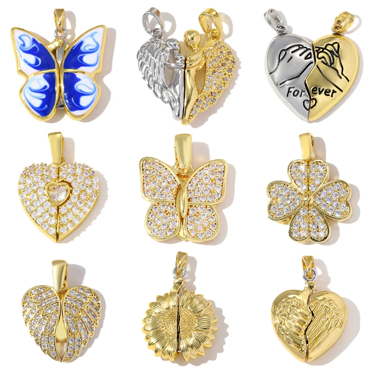 LAVIXMIA Lot de 3 pendentifs de collier DIY à deux tons, ouvrables, motifs marguerite, 'You Are My Sunshine', trèfle et cœur, bijoux pour couple 3