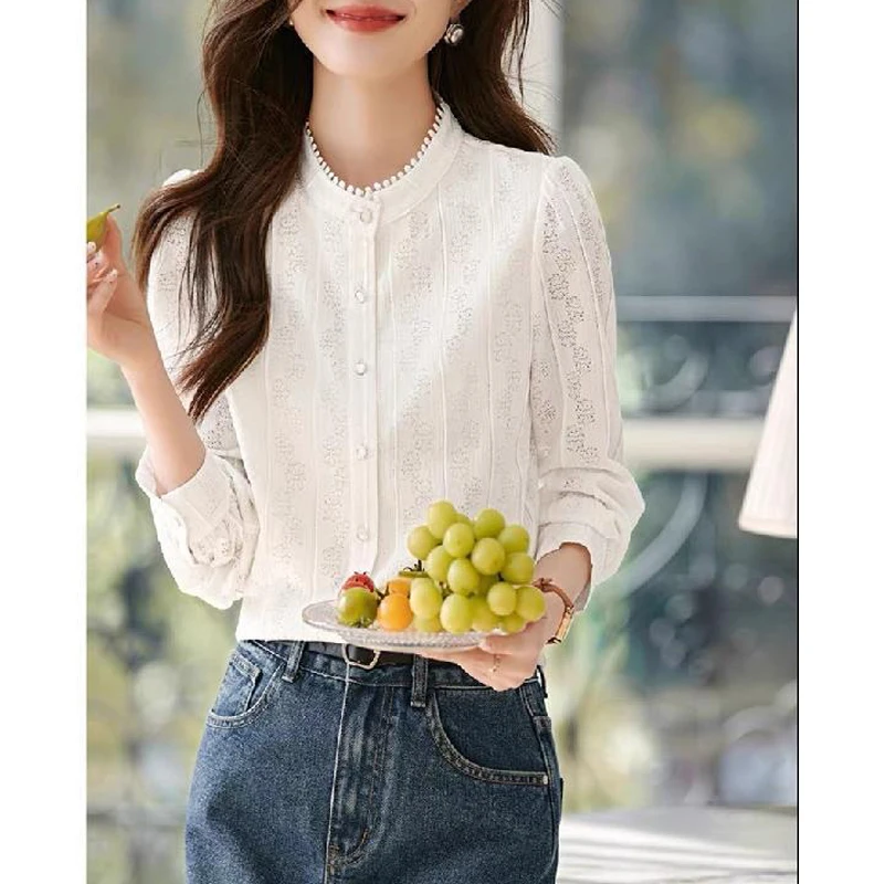 Women Korean Fashion Hollow Lace Button Up Shirt Office Lady Elegant Stand Collar Blouse White Long Sleeve Slim Tops Blusas 2024