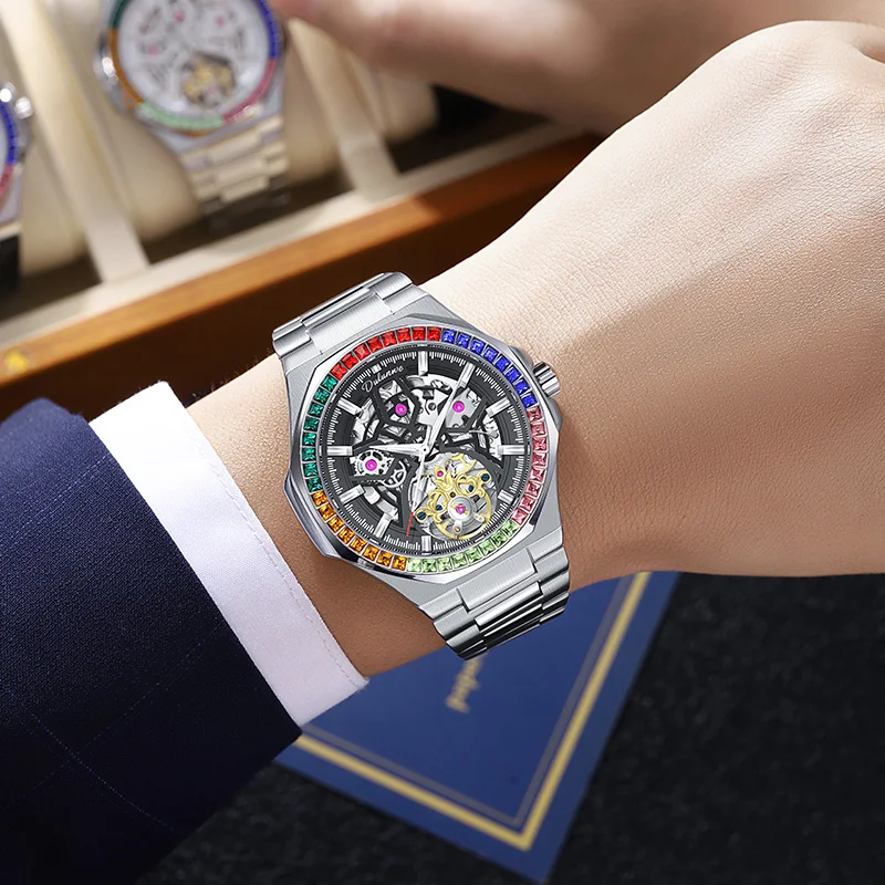 Durenwei Men's Automatic Mechanical Watch Rainbow 2025 New Trendy and Cool Skeleton Design High-End Men's Watch