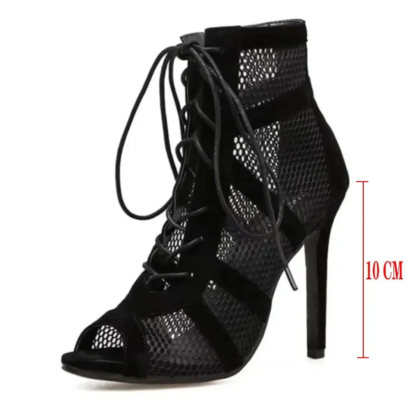 New Fashion Show Black Net Fabric Cross Strap Sexy High Heel Sandals Woman Shoes Pumps Lace-up Peep Toe Sandals Casual Mesh