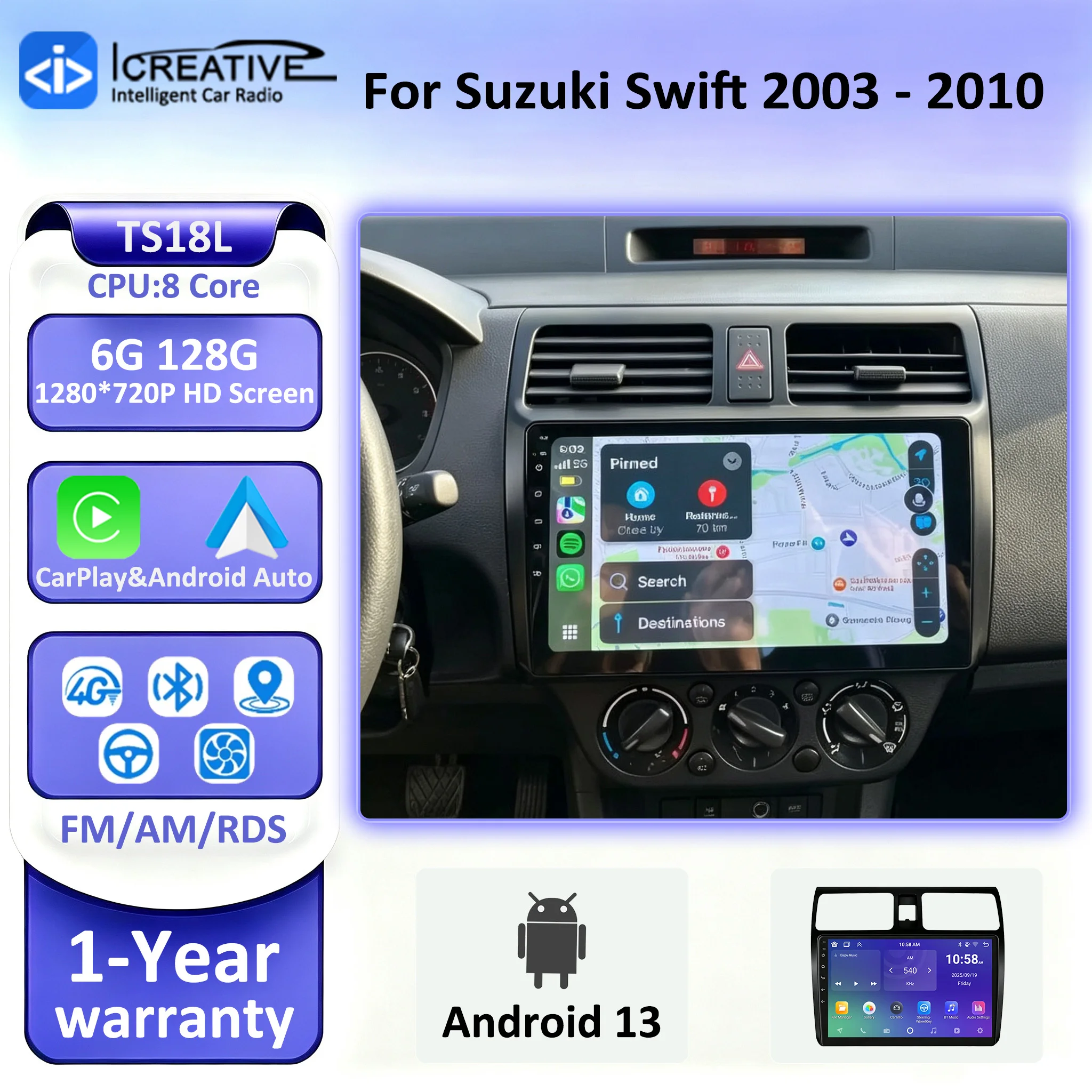 Android 13 For Suzuki Swift 2003-2010 Car Multimedia Video Player Car Radio Navigation GPS Stereo 8 Core BT CarPlay Auto No 2din