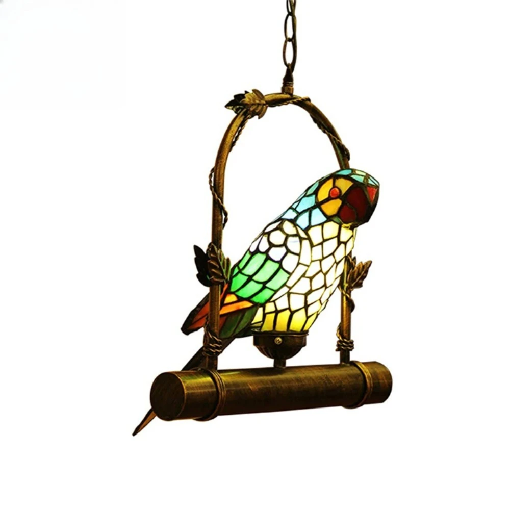 Bird shaped pendant light, parrot shaped pendant light, LED colored glass lantern, birdcage decoration, corridor pendant light