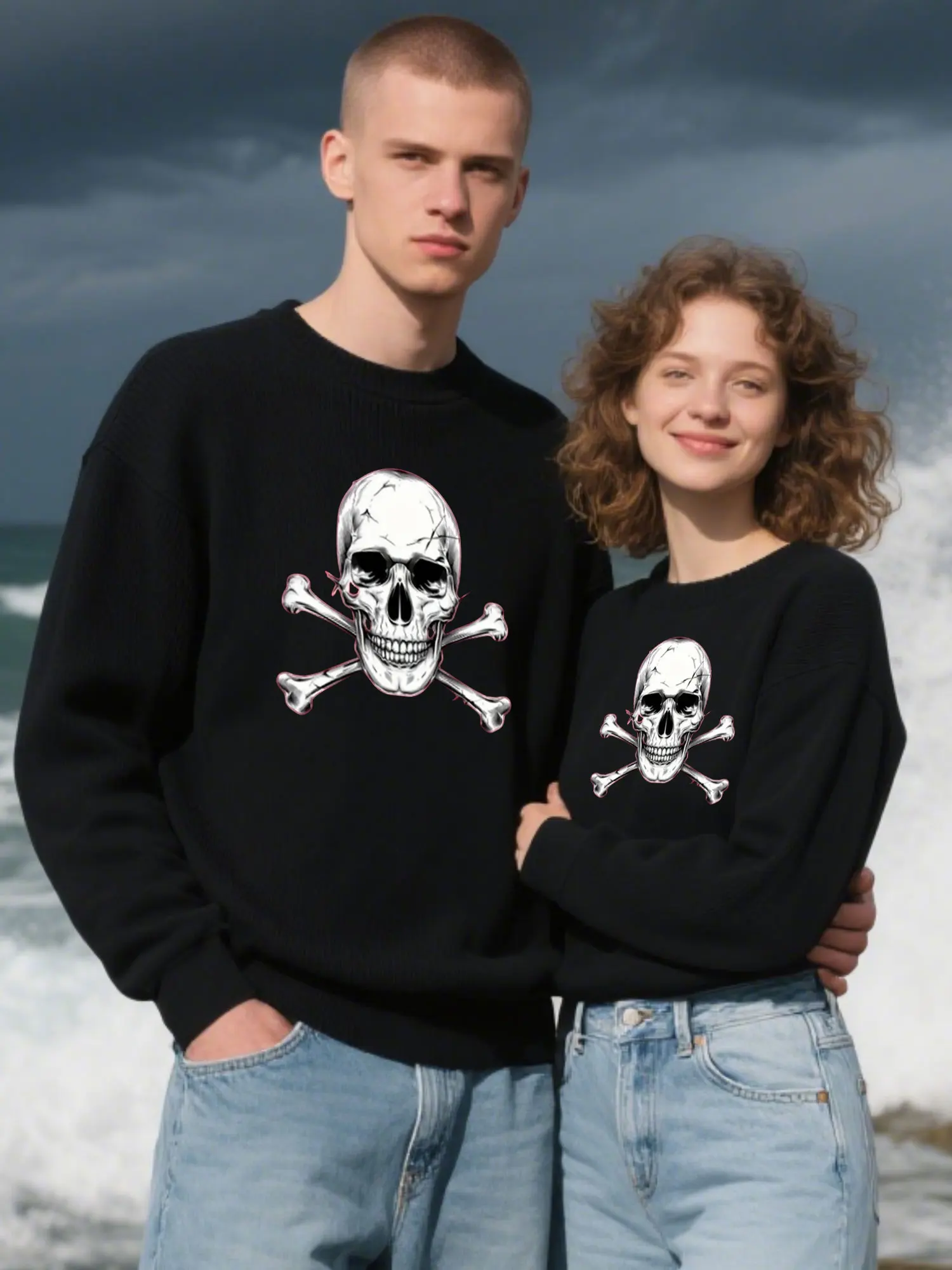 Classic Comfort Crewneck Sweatshirt With Skull And Crossbones Graphic Print, Unisex Birthday Gift Essential