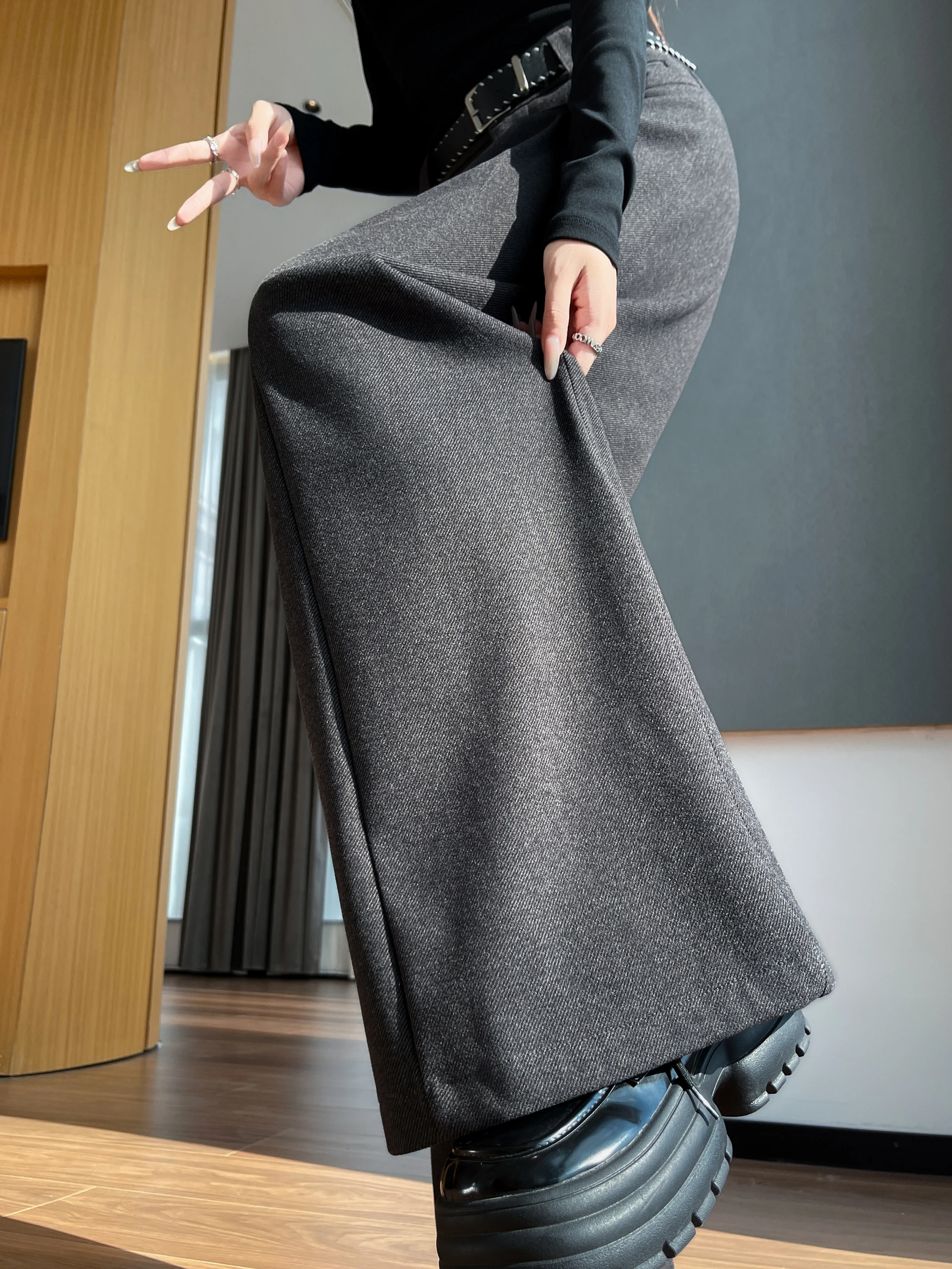 Ay Thiened Traje de lana Pantalones de pierna ancha Pantalones casuales rectos hasta el suelo adelgazantes de cintura alta para mujer