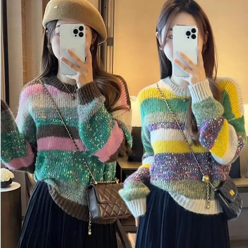 

Princess Round Neck Stripe Sweater Girl Y2K Long Sleeves Knitted Shirt Dopamine Spring Autumn Clothes Wear Outside Undershirt
