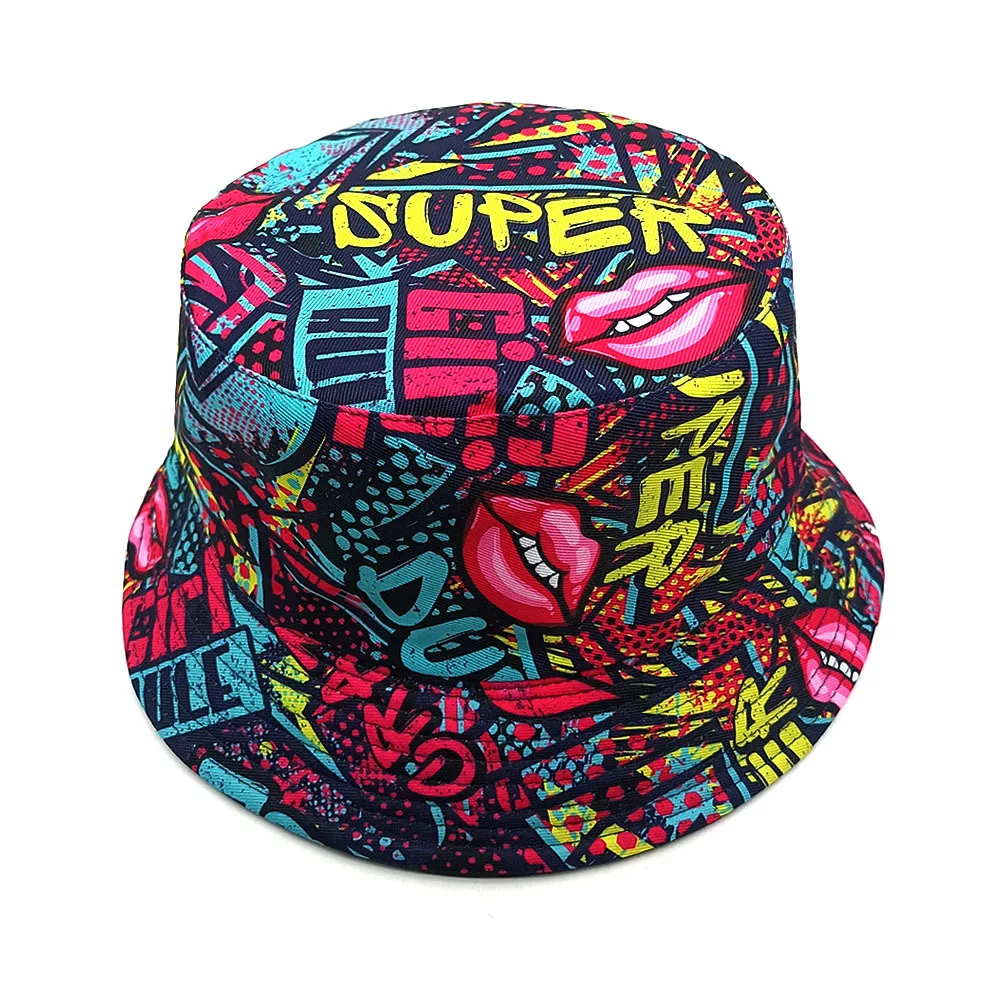 Women Men Hip Hop Graffiti Print Bucket Hat Summer Outdoor Sun Protection Fisherman Hat Casual Street Style Panama Travel Beach