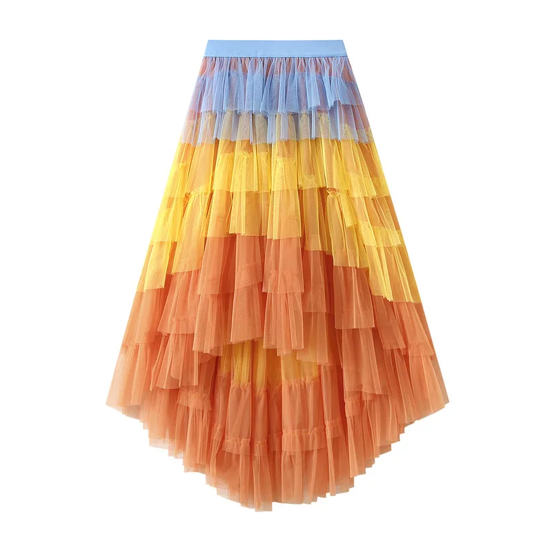 Women's Tulle Skirt Ruffle Multilayer Mesh A Line Tier Tutu Prom Irregular High Waisted Gradient Rainbow TulleLong Skirt 1379