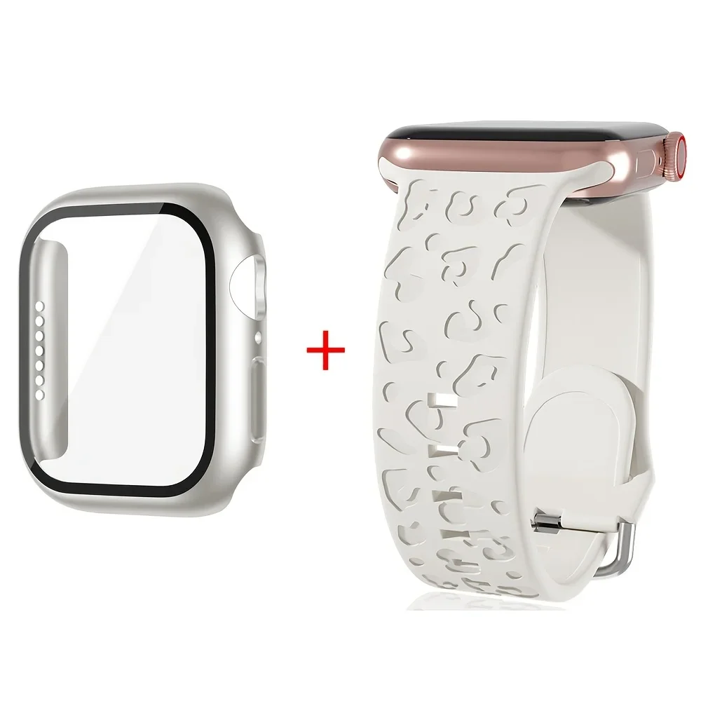 For Apple Watch Series 10/9/8/7/6/SE/5 Breathable Leopard Print Silicone Band with Screen Protector Case 41/45mm 40/44mm 42/46mm