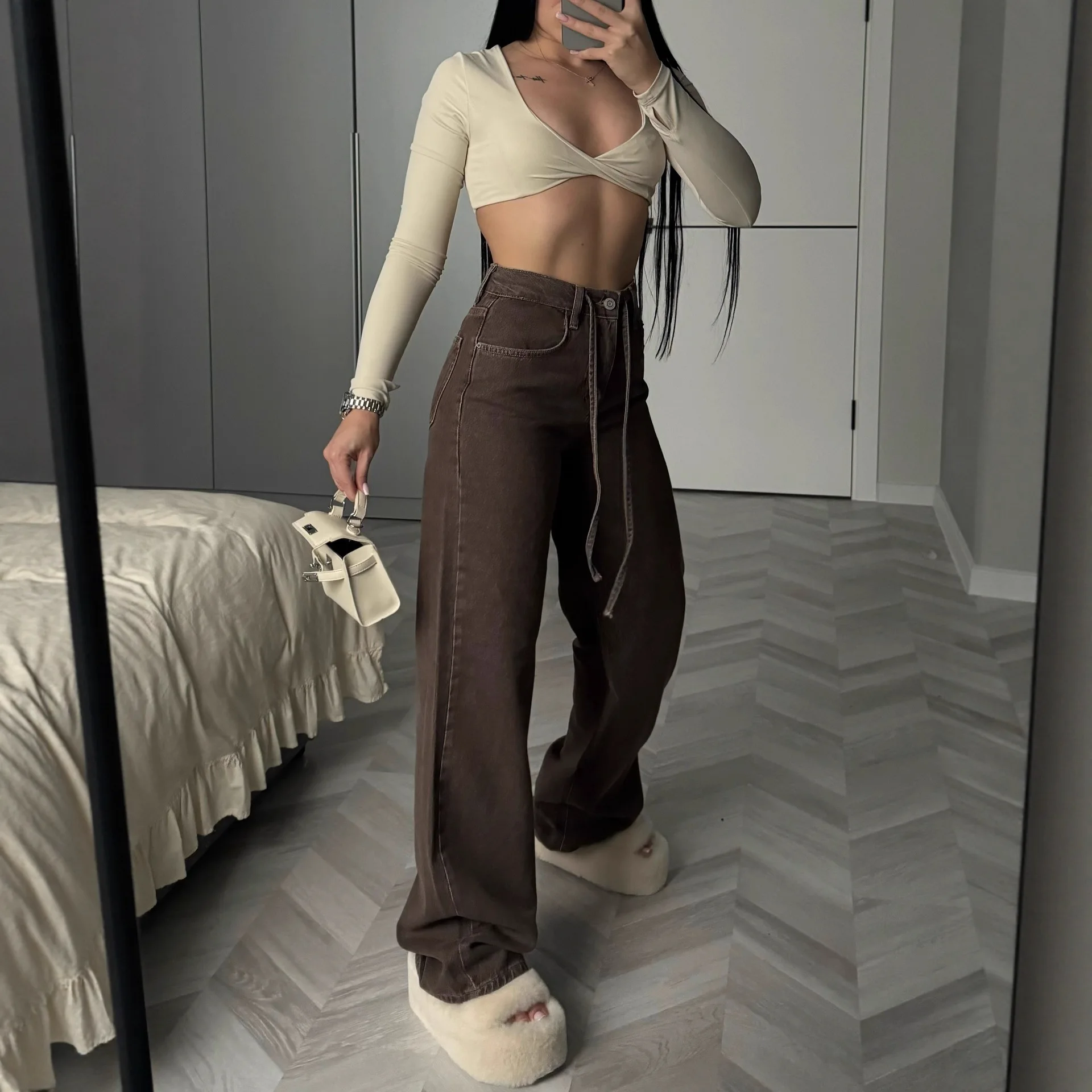 Women Jeans 2026 New Spring Autumn Women Coffee Wide Leg Jeans High Waist Slimming Loose Draped Straight Baggy Denim Pants
