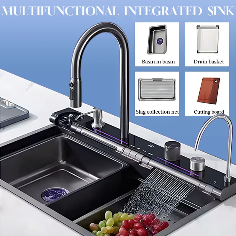 Large-capacity Stainless Steel Kitchen Sink in 304 Grade Slag Collection Net Intelligent Digital Display Cup Washer