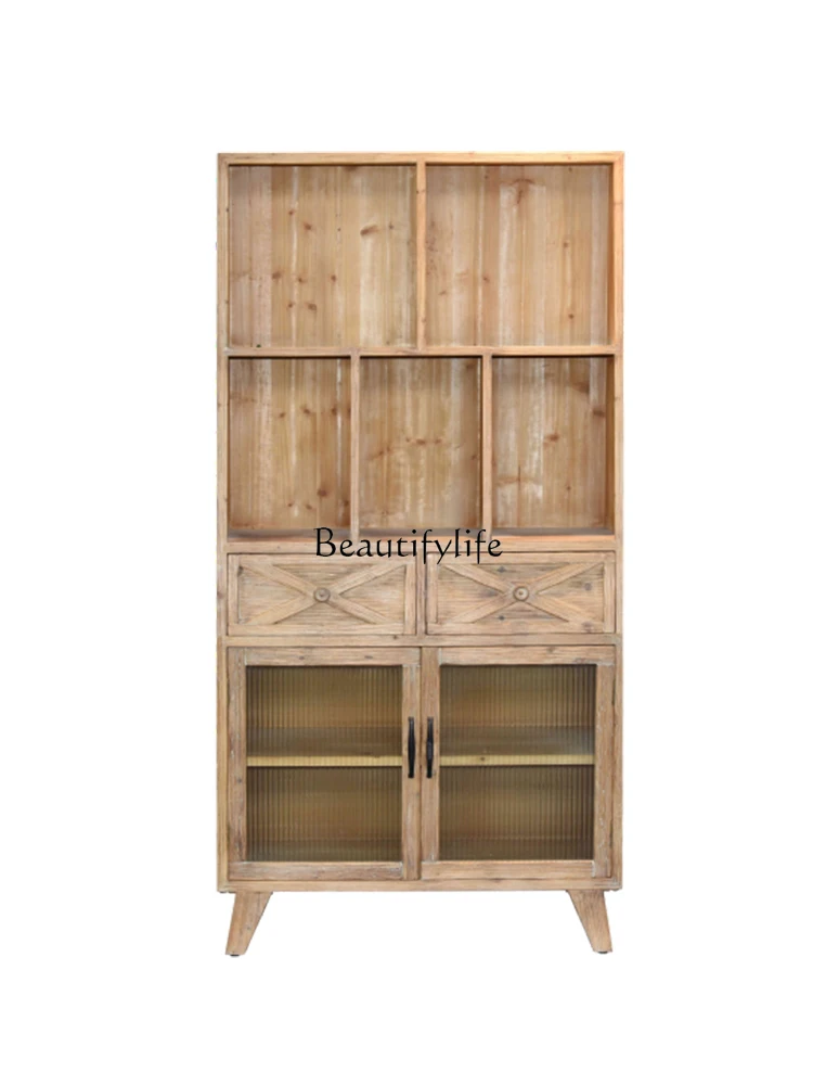 

American-Style Solid Wood Dining Edge Retro Distressed Side Cabinet Glass Door Storage Hallway Locker