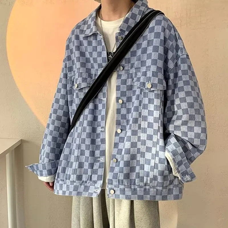 

Розовая клетчатая куртка в стиле барокко, мужская осенняя модная джинсовая куртка, свободный крой, молодежная, в американском стиле, для пар, Roora