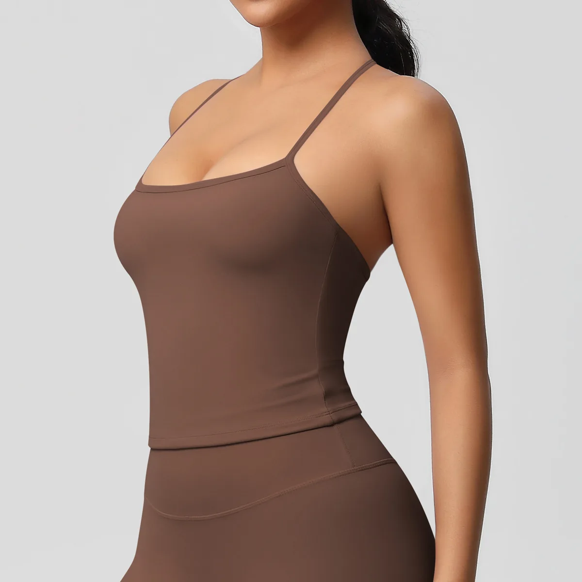 Einteilige Brustpolsterveste, doppelseitig mit Fell, einfarbig, eng anliegender Rücken, lange Sport-Lingerie, Lauf-, Fitness- und Yoga-Anzug für Frauen. – Detail 5