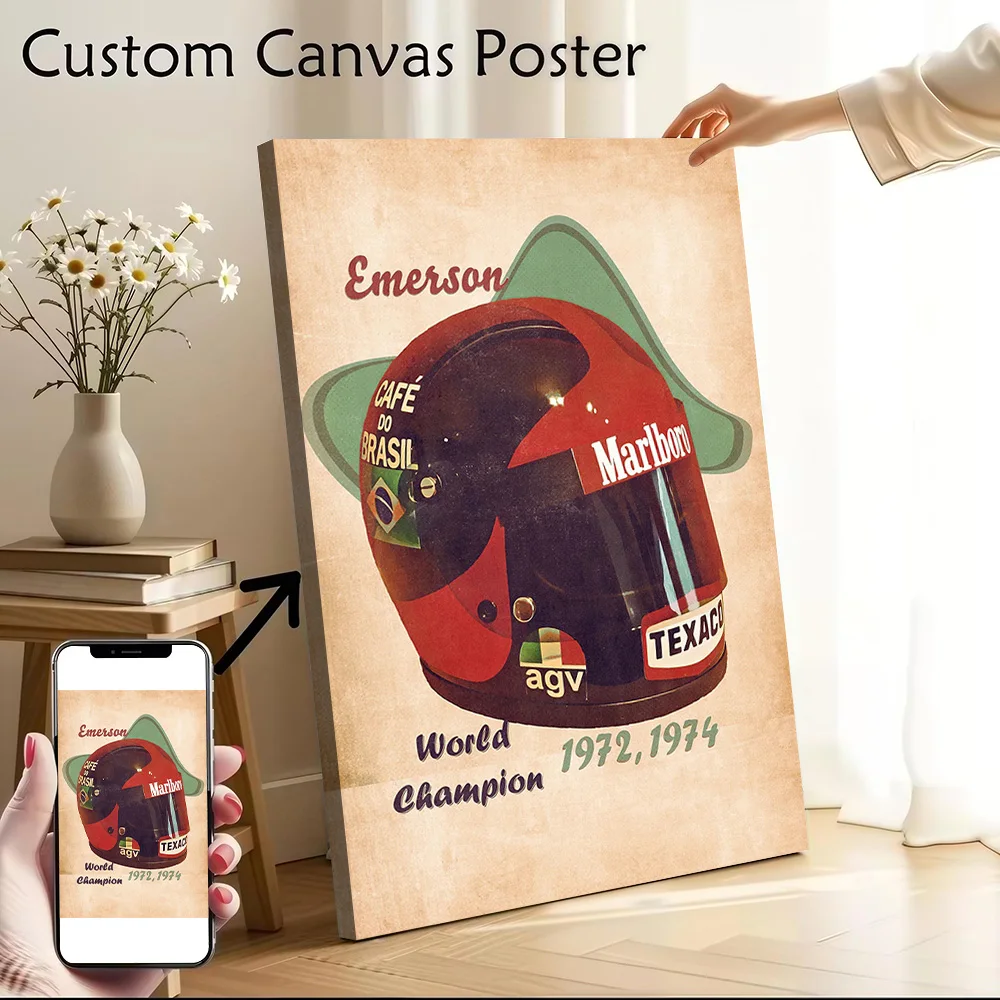 Emerson Fittipaldi - Arte de Parede em Tela Impressa com Capacete, Pinturas Personalizáveis, Pôster, Presente Perfeito para Decoração de Casa, Ornamentos e Quarto