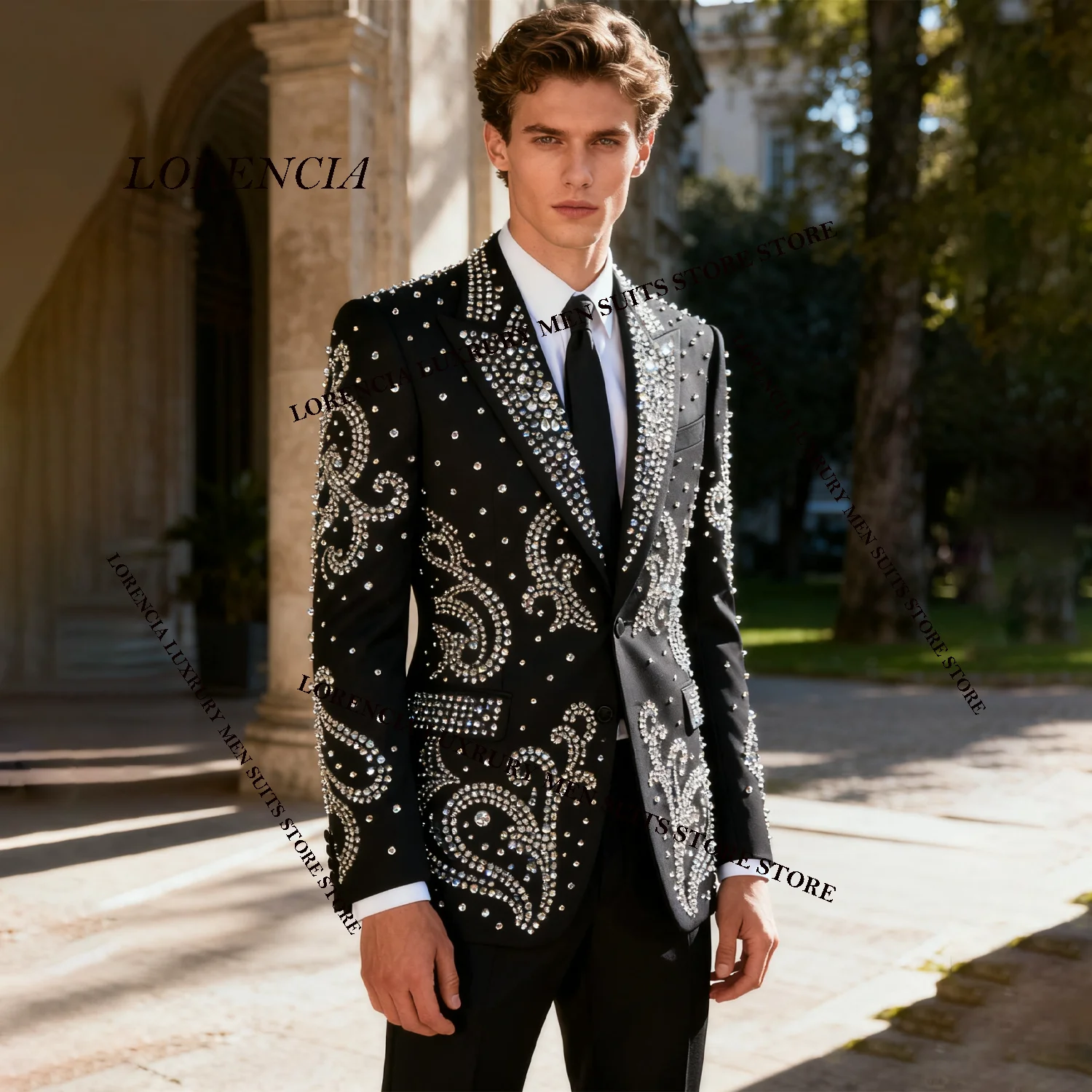 

Customized Luxury Diamond Design Sparkle Men Suits Fashion Wedding Tuxedos Slim Ropa hombre 3 Pieces Sets Groom Male Blazers
