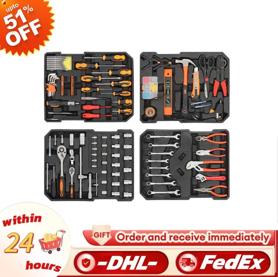 

Набор инструментов из углеродистой стали, 187 предметов, хромированный чехол на тележке с 4 отделениями, набор инструментов для дома/автомобиля/автомобиля, прочный