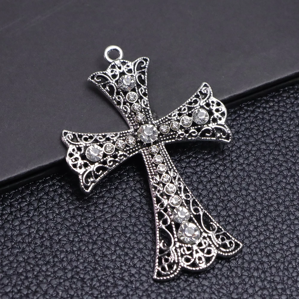2pcs Antique Silvery Crystal Cross Charms Rhinestone Filigree Cross Pendants for DIY Jewelry Making Accessories view 4