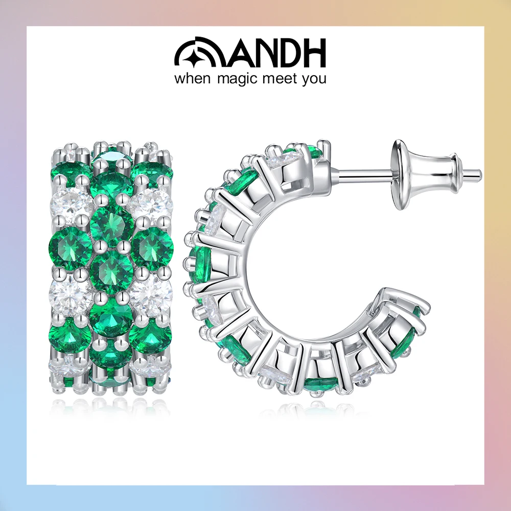 

ANDH Cultivate Emeralds Wide Half Hoop Earrings for Women 925 Sterling Silver Lab Gemstone Earrings Wedding Anniversary Jewelry