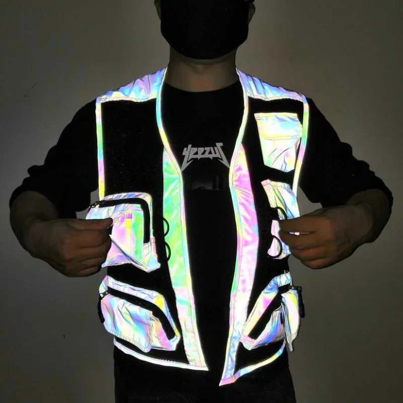 Men Holographic Reflective Vest Techwear Cargo Multi-pocket Vest Punk Streetwear for Rave Dance Wear Fishing Safety Clothes