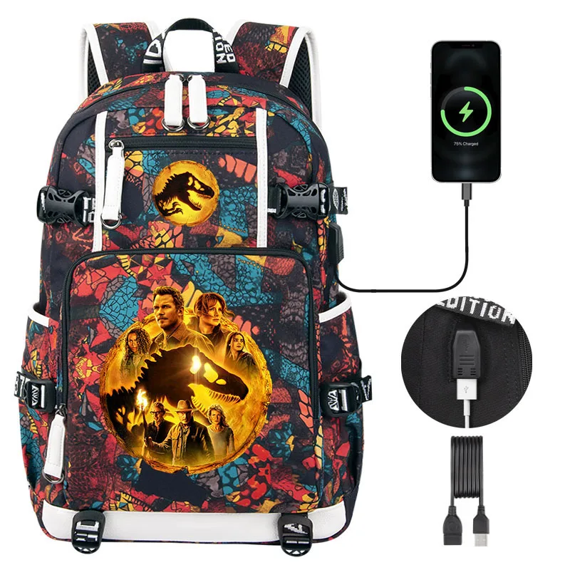 Jurassic World Dominion 3 alta qualidade Crianças Mochila Menino Estudantes Schoolbag Carregamento USB Adolescentes Laptop Shoulder Bag