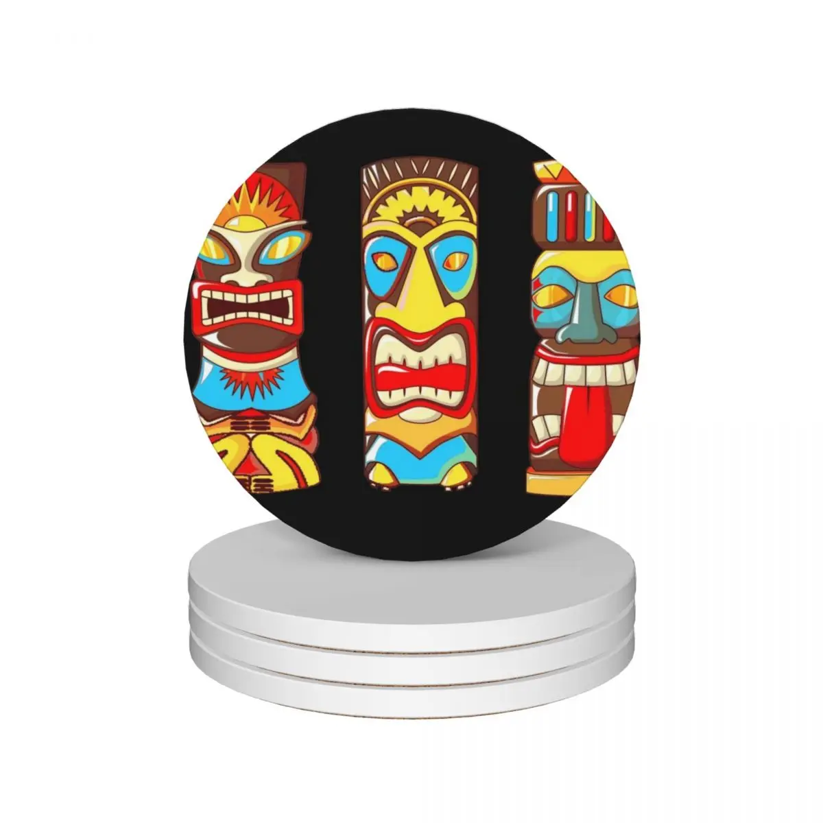 3 Tiki Gods Totems Idols Retro Tropical Polynesian Ceramic Coasters (Set of 4) for drinks set cute cup Coasters