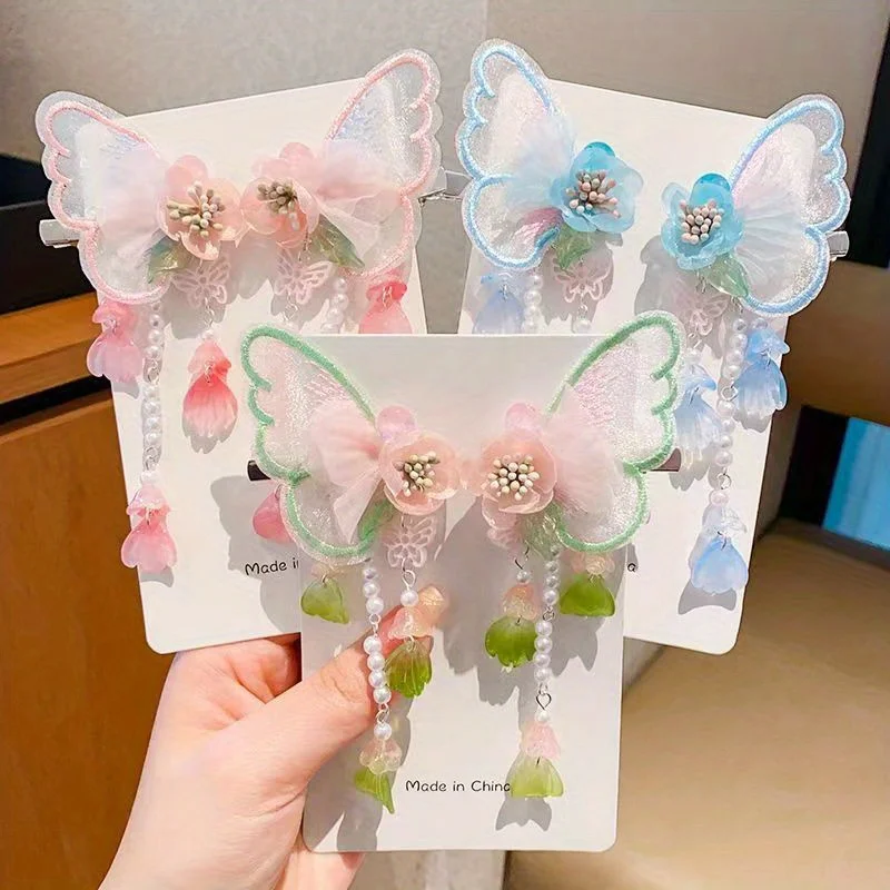 Haarschmuck für Mädchen, ätherische Schmetterlings-Haarspange – schwimmende Flügel mit floralen Haarnadeln und Clips, Baby-Accessoires