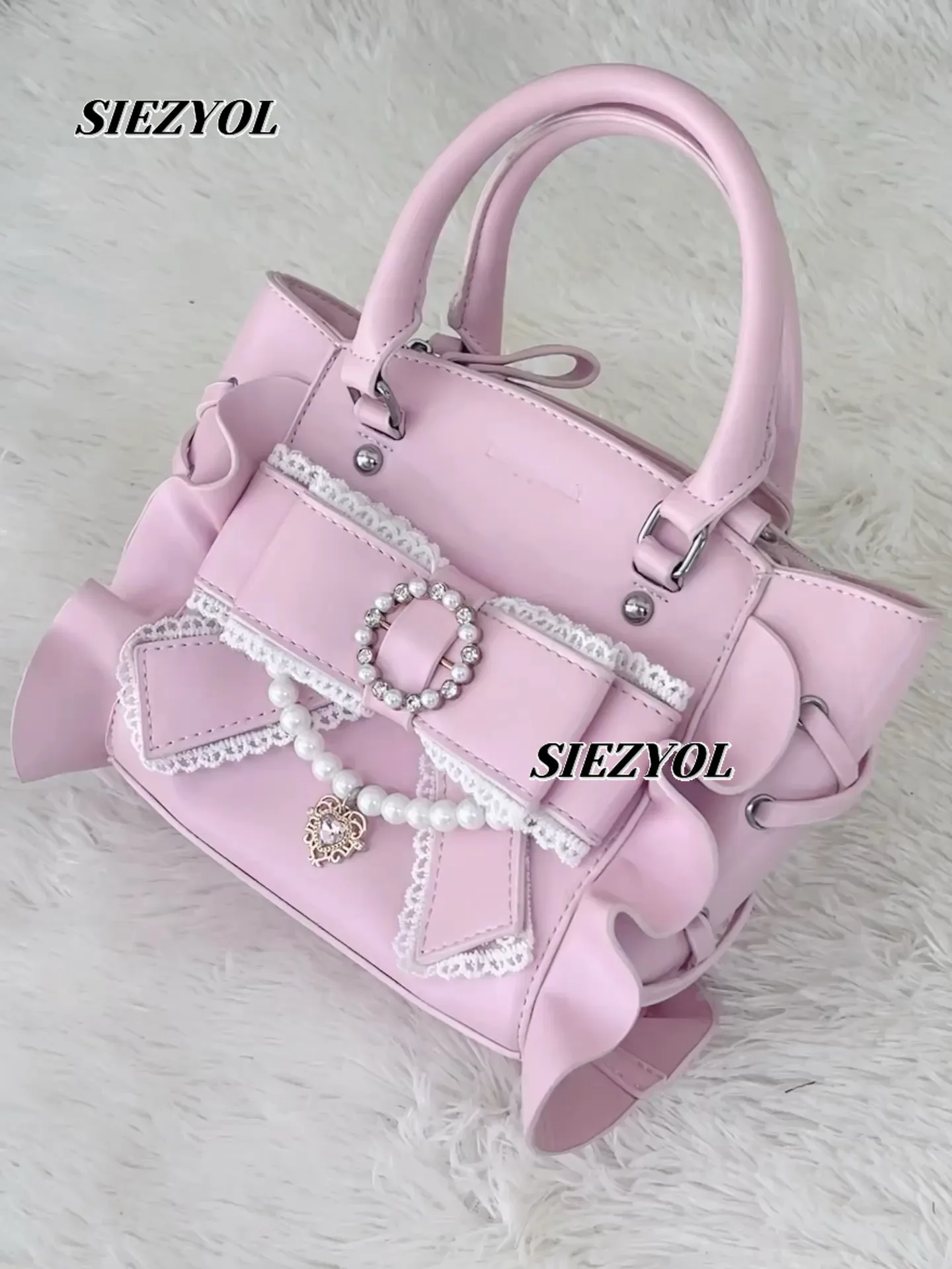 Japanese Original Sweet and Cute Girl PU Portable Cosmetic Bag Fashionable Versatile Pink Black Bow Beaded Handbags Pouch