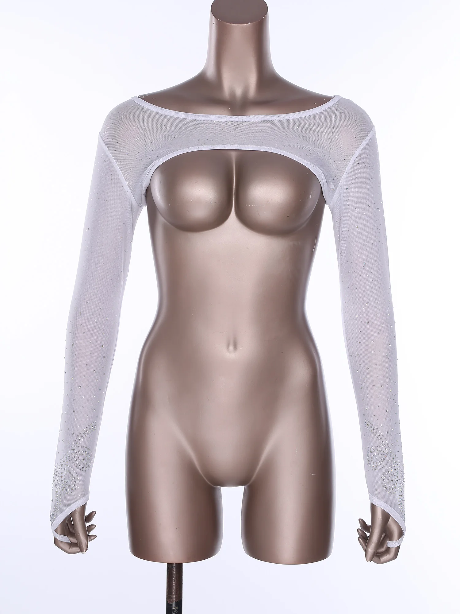 Women Glittery Sheer Mesh Cropped Shirts Tops Raves Party Clubwear Rhinestone Long Sleeve Pullover Shrugs Shoulder Mini Shirt