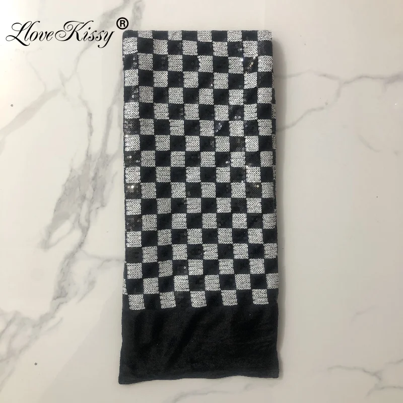 

Classic Black and White Checkered Velvet Embroidered With 3MM Sequin Fabric Party Dress Stage Performances Clothing Width 125CM