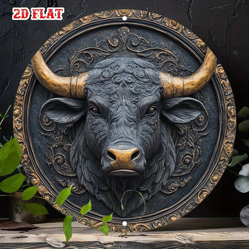 2D Flat 1pc Vintage Metal Sign Featuring Bull Head with Intricate Frame Round Poster Lounge Garden Retreat Perfect for Creative