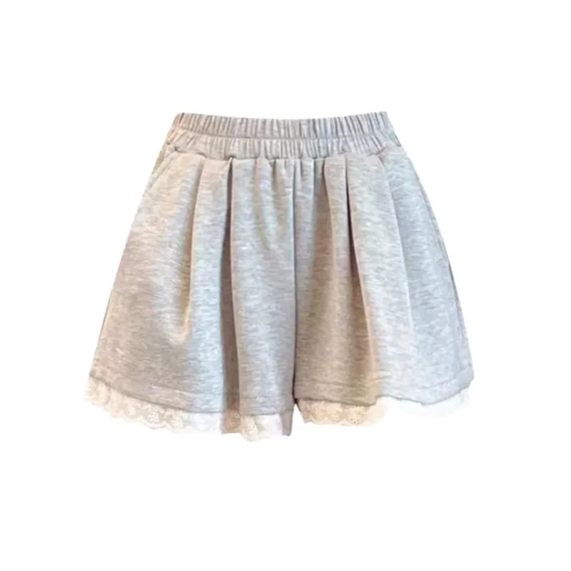 New Lace Shorts with Lace Splicing and Elastic High Waisted Wide Leg Shorts for Casual Wear Pantalones Cortos De Mujer