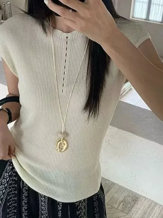

Korean Style round Neck Short Sleeve Knitted Sweater Women's Slim Fit Fashionable Summer New Style Fly Sleeve Top Trendy