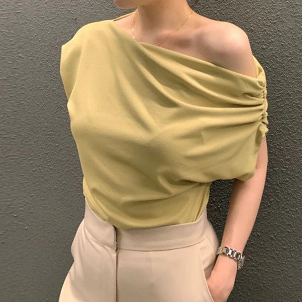 

T-Shirts Summer Chic Sexy Plain Short Sleeve One-Shoulder Office Lady T-Shirts For Women
